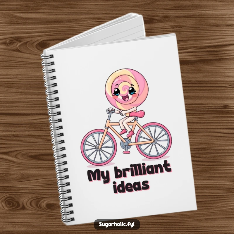 Funny lollipop character pedals a rock candy bicycle, inspiring creativity on this humorous notebook cover.