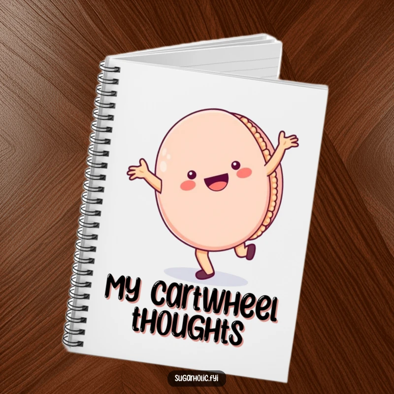 Funny Notebook: A journal featuring a cheerful macaron character performing a cartwheel with a wide smile, perfect for notes and doodles.