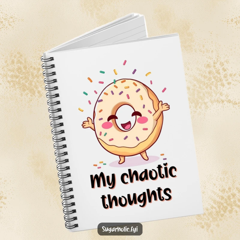 Funny donut character winking and juggling sprinkles, ruled notebook for creative ideas and notes.