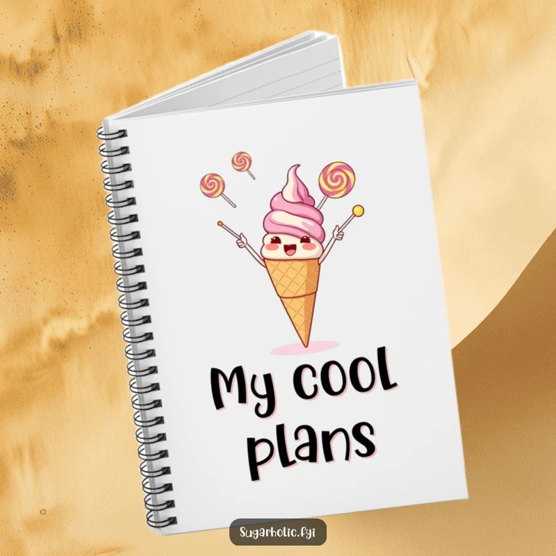 Funny giggling ice cream cone juggling three flying lollipops with its cone, a humorous notebook for creative thoughts.