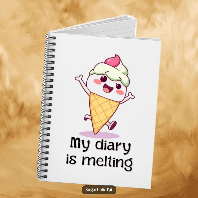 Funny ice cream cone character mid-cartwheel on a humorous notebook, perfect for capturing sweet thoughts and ideas.