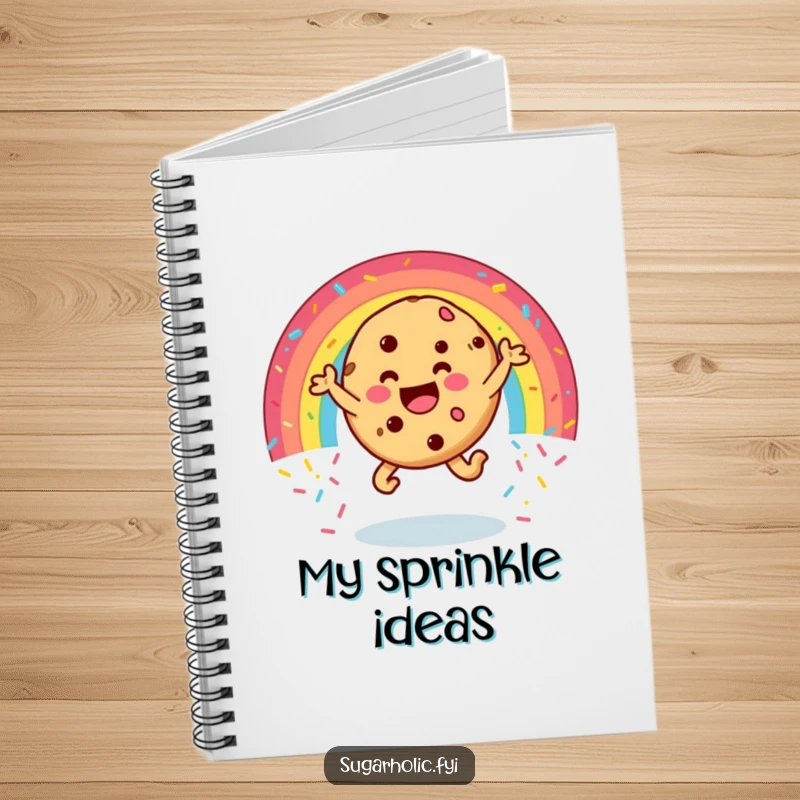 Funny cookie notebook featuring a happy character leaping through a rainbow of sprinkles, hilarious journal for capturing sweet ideas and happy notes.