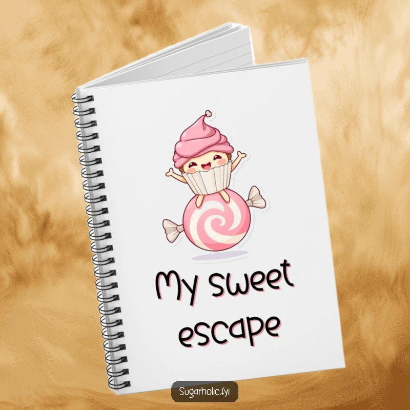 Funny smiling cupcake character joyfully bouncing on a candy, ruled notebook for sweet ideas and recipes.