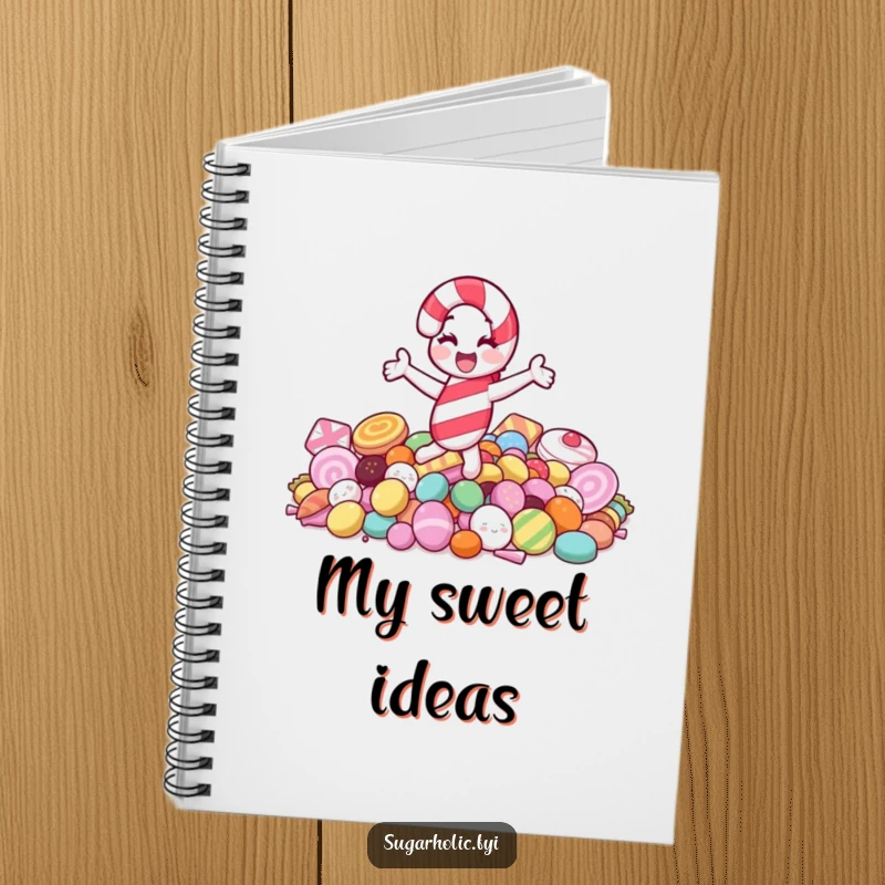 Funny notebook cover with a joyful candy cane character spinning on a pile of sweets, ideal for festive notes.