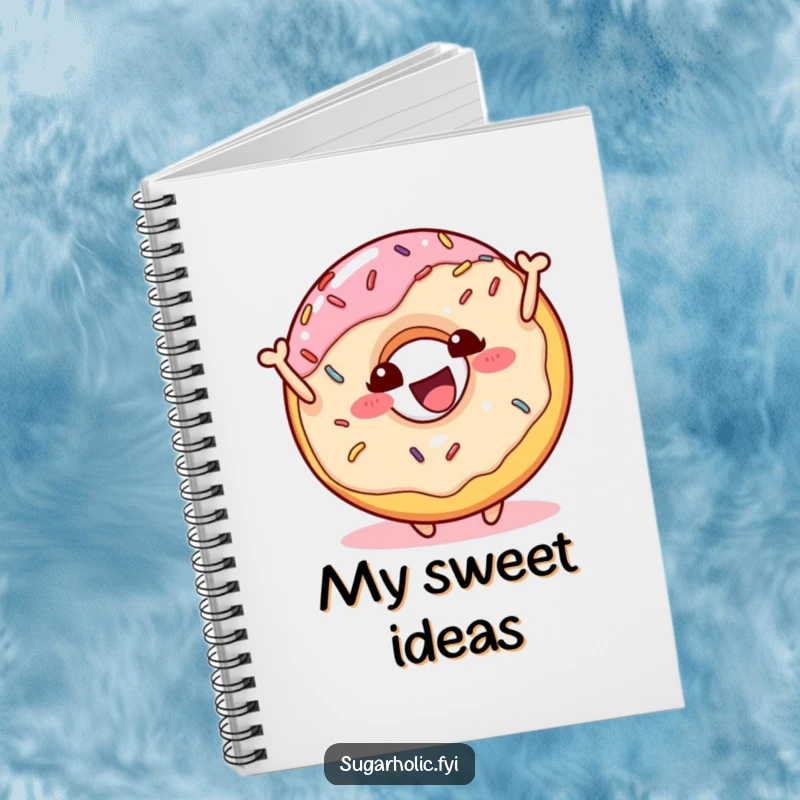 Funny donut character with sprinkles bouncing energetically on a notebook cover, ideal for jotting down thoughts with a humorous touch, a funny gift.