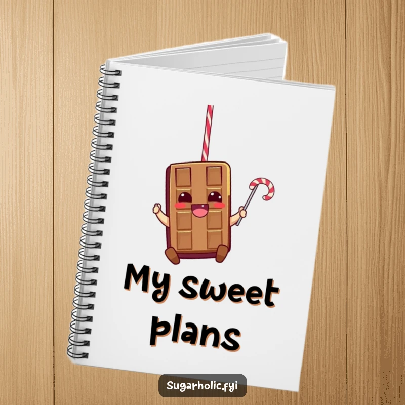 Funny notebook with a thrilled chocolate bar character swinging from a licorice rope, perfect for jotting down adventurous ideas and plans.