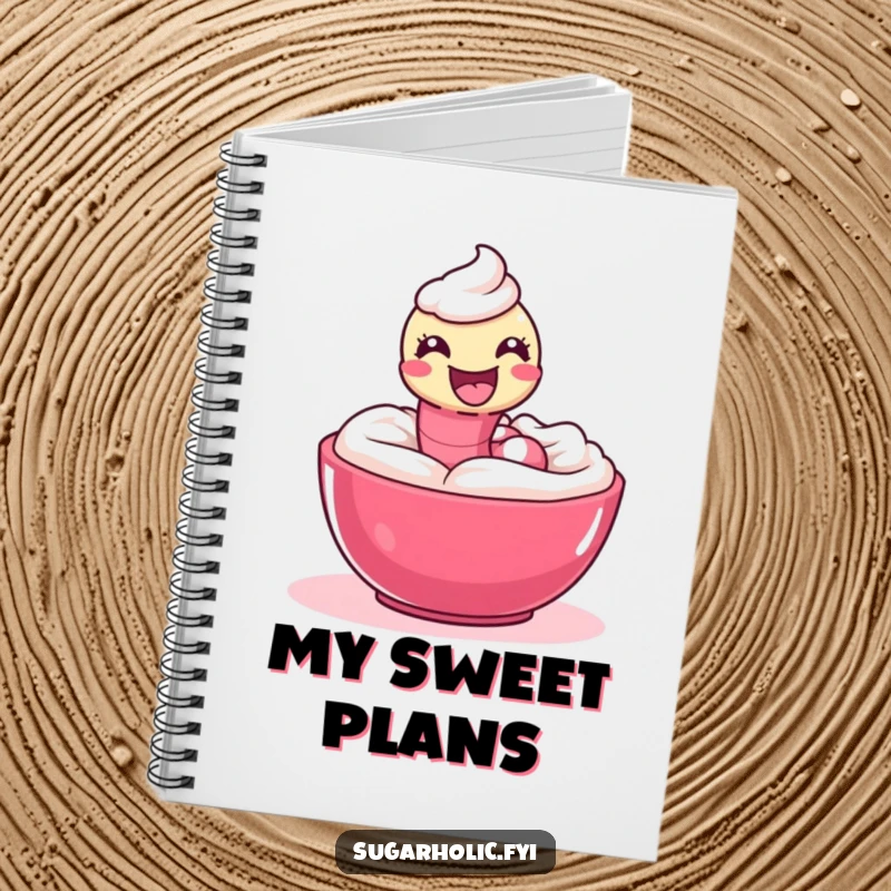 Funny Notebook with a delighted gummy worm playfully slithering through icing, ideal for jotting notes.