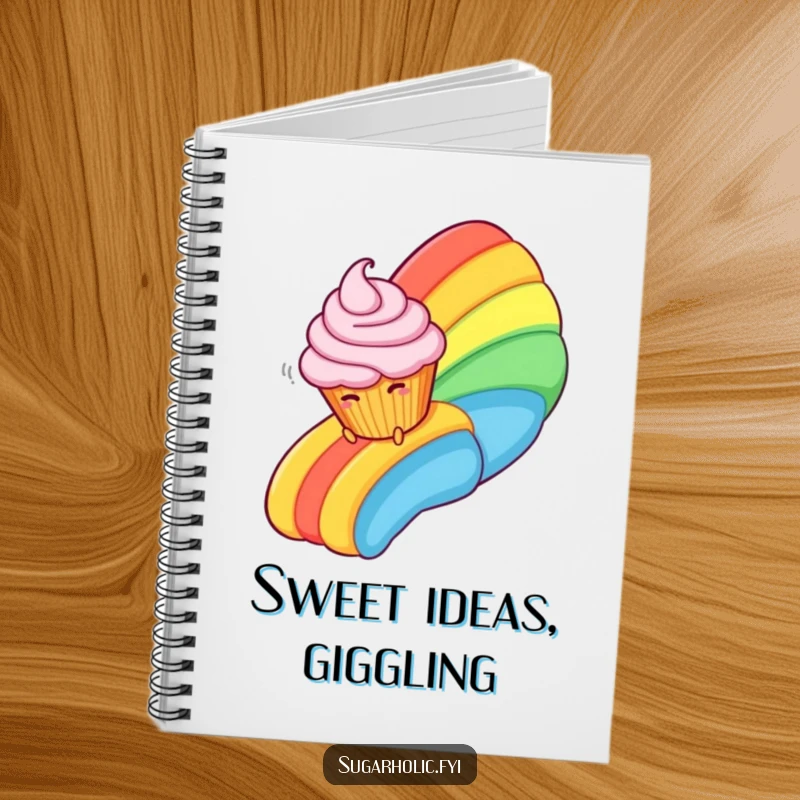 Funny Notebook cover with a giggling cupcake character joyfully sliding down a colorful rainbow made of frosting.