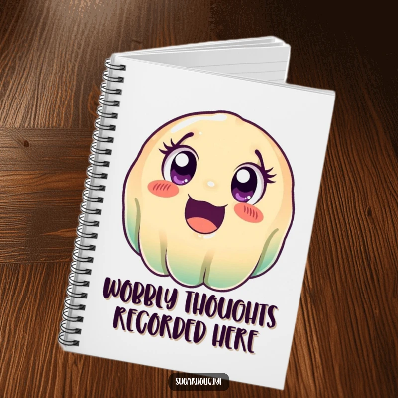Funny wobbly jelly notebook, featuring a cute, excited cartoon jelly character rolling, designed for jotting down notes with a smile.