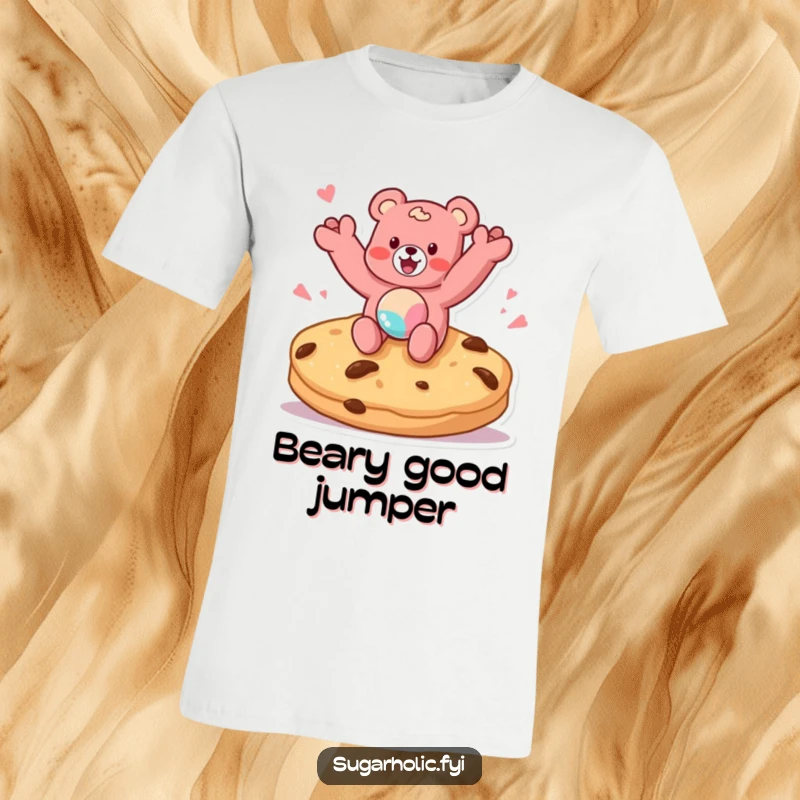 Funny t-shirt showcasing a gummy bear character excitedly jumping on a giant cookie, bursting with sweet, energetic fun.