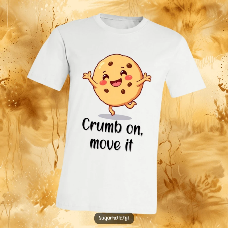 Funny T-Shirt depicting a smiling cookie character doing a happy and energetic cartwheel.