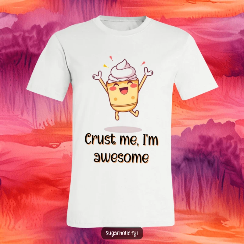 Funny Pie T-Shirt: A cheerful pie character in a dynamic, zesty jump, symbolizing pure celebration and fun.