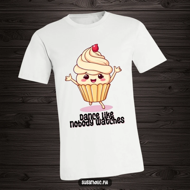 Funny cupcake t-shirt showing a cheerful character dancing with frosting swirls, cheerful apparel for sweet personalities, perfect for a fun look.
