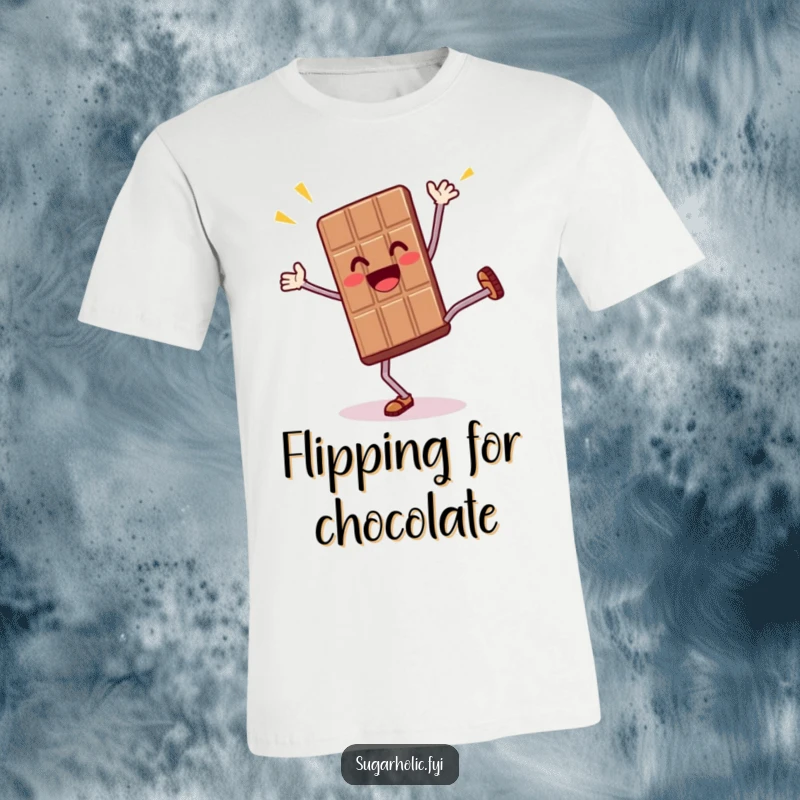 Funny T-Shirt featuring a thrilled anthropomorphic chocolate bar character doing a cartwheel, exuding energetic and humorous excitement.