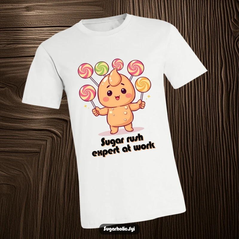Funny Caramel Candy T-Shirt: A blushing character adorably juggling a rainbow of gumdrops with a joyful, overwhelmed expression.