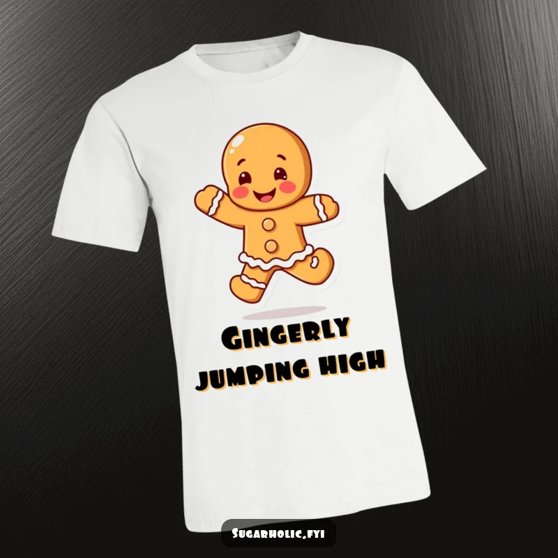 Funny Gingerbread Man T-Shirt featuring a blushing character in a happy leap, a sweet and funny gift.