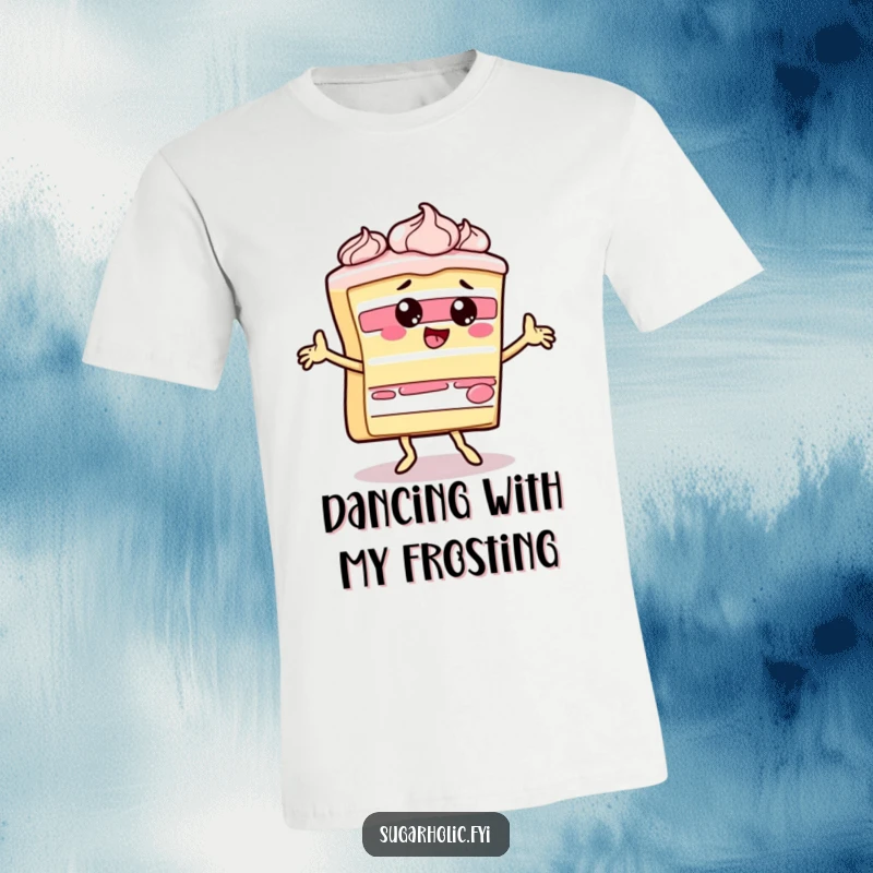 Funny slice of cake character doing a silly, frosting-covered dance on a comfortable and humorous t-shirt.