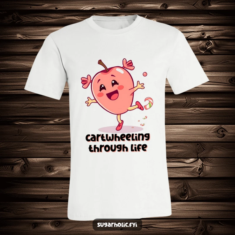 Funny t-shirt of a thrilled candy apple character mid-cartwheel, leaving a swooshing candy trail, representing pure exhilaration.