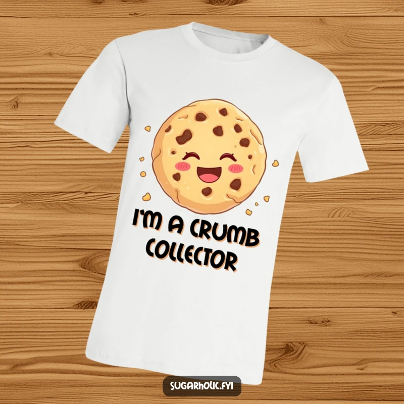 Funny cookie crumble t-shirt, a cartoon cookie delightfully disintegrating with cheerful abandon, a humorous and relatable design.