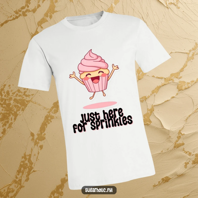 Funny excited cupcake character bouncing with pure glee, an energetic and humorous graphic tee, great for spreading joy.