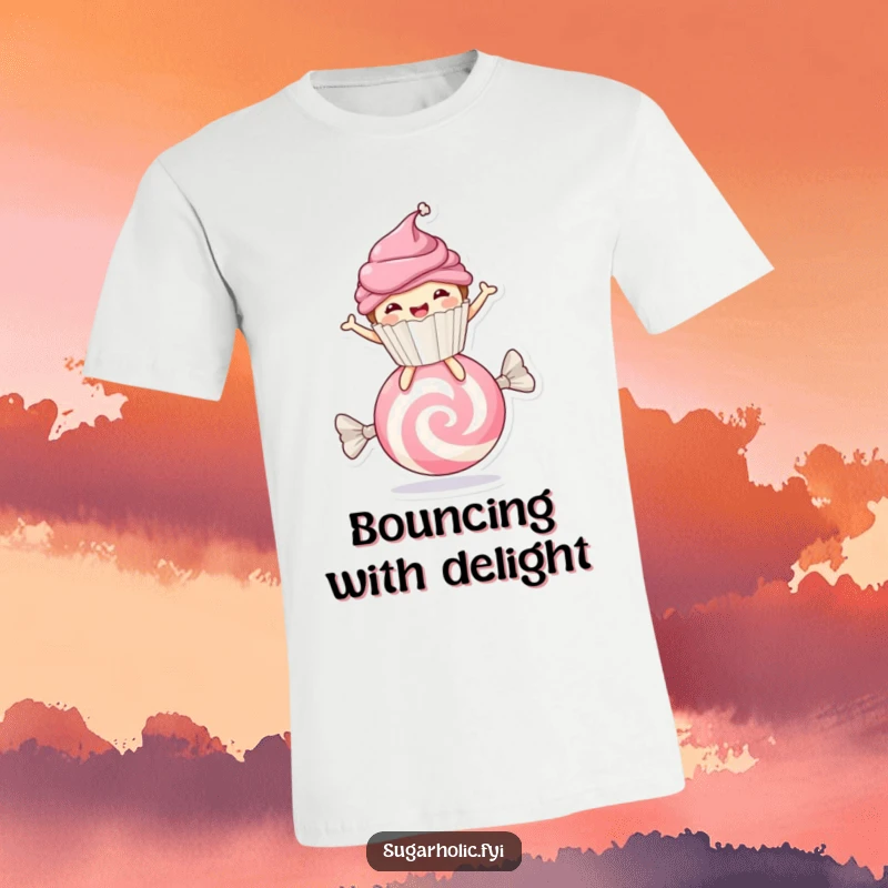 Funny cupcake character joyfully bouncing on a piece of candy, graphic tee for sweet and funny apparel.
