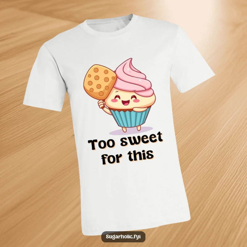 Funny cupcake character fanning with a giant wafer, depicted on a comfortable t-shirt, looking comically overheated.