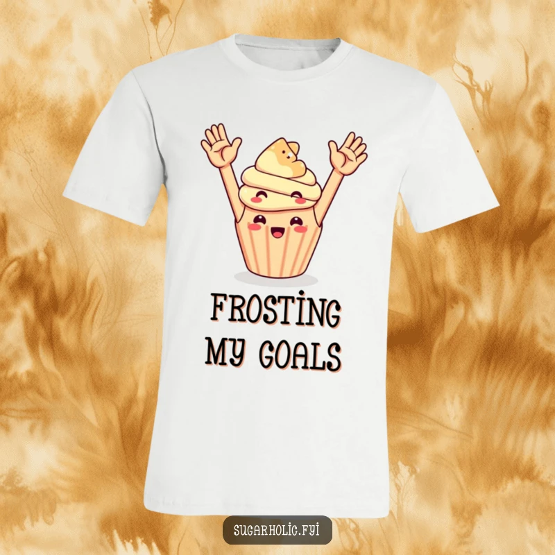 A happy cupcake joyfully high-fiving a floating gummy bear, printed on a fun and humorous t-shirt.