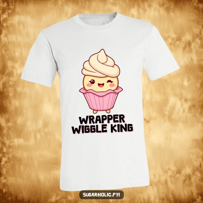Funny cupcake character with frosting gleefully wiggling its wrapper on a t-shirt, a fun and humorous depiction of a delightful treat, a funny gift.