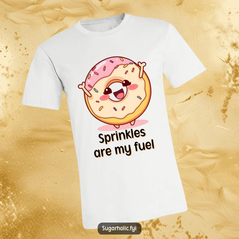 Funny donut character with sprinkles bouncing enthusiastically on a t-shirt, showcasing a cheerful and energetic dessert design for a humorous apparel gift.