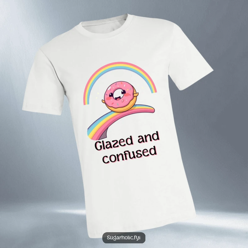Funny smiling donut character sliding comically across a bright rainbow bridge, a fun graphic tee.
