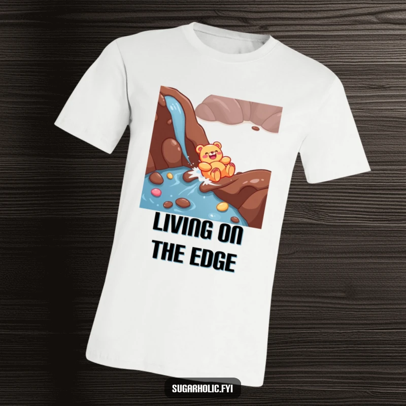 Funny Gummy Bear T-Shirt: A happy, giggling character in mid-slide down a luscious chocolate river, radiating pure joy.