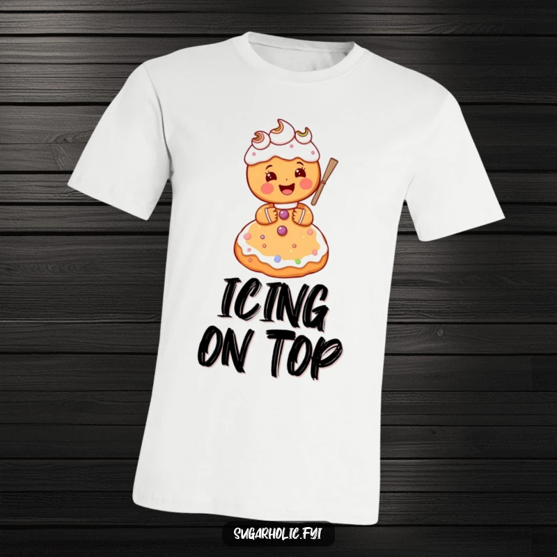 Funny gingerbread person character gleefully frosting a giant sugar cookie, a humorous and celebratory baking t-shirt.