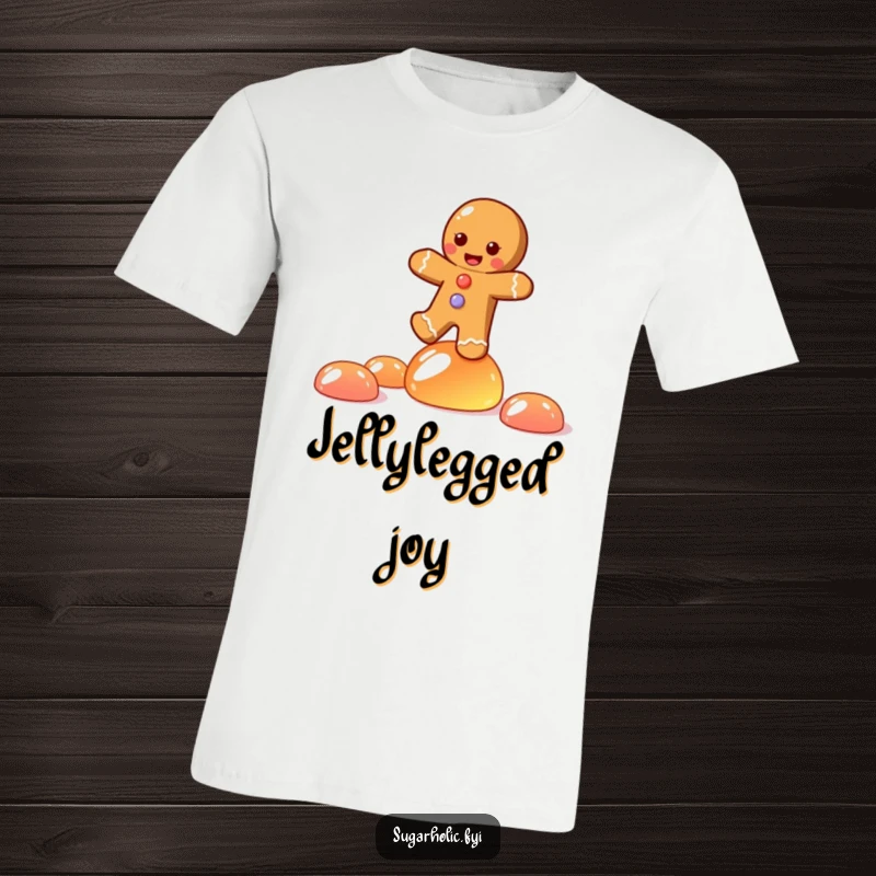 Funny t-shirt of a joyful gingerbread person character skillfully balancing on wobbling jelly candies, embodying pure delight.