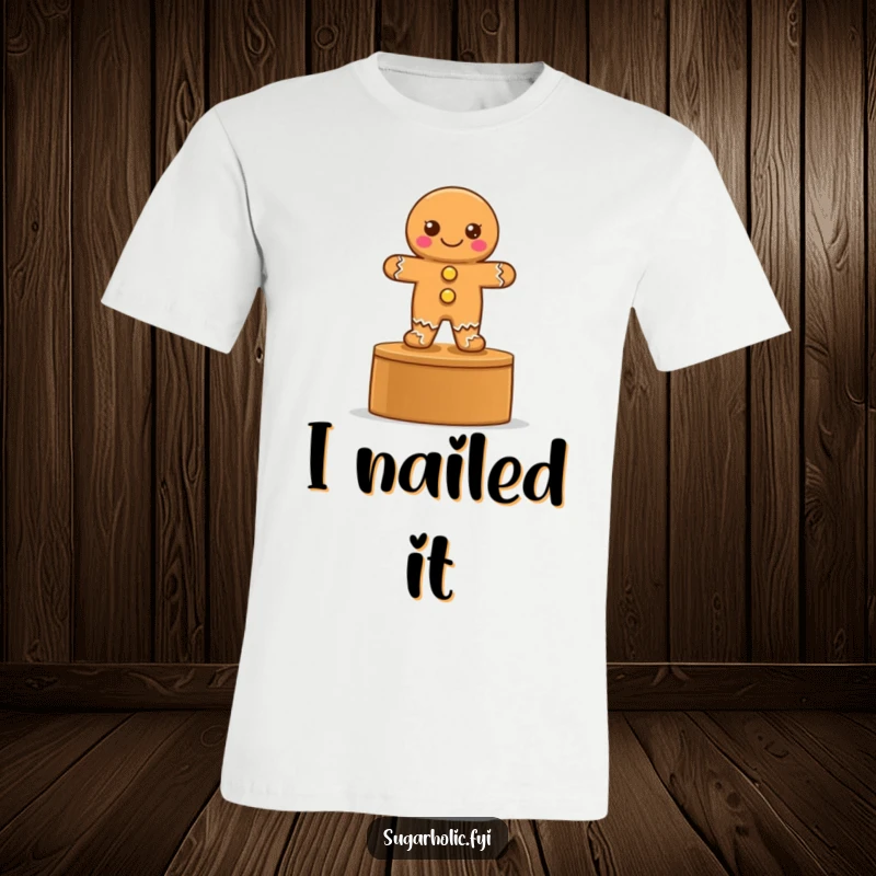Funny t-shirt showcasing a proud gingerbread cookie with button eyes standing on a podium, exuding confidence.