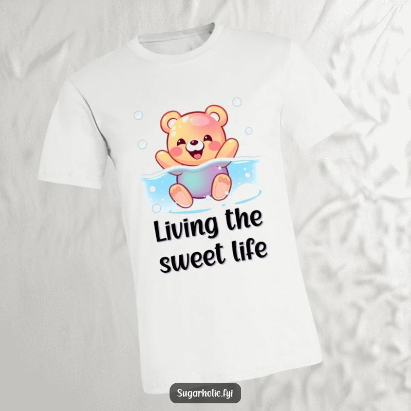 Funny T-Shirt featuring a pleased gummy bear character happily swimming in a fizzy soda pool, radiating sweet, bubbly vibes.