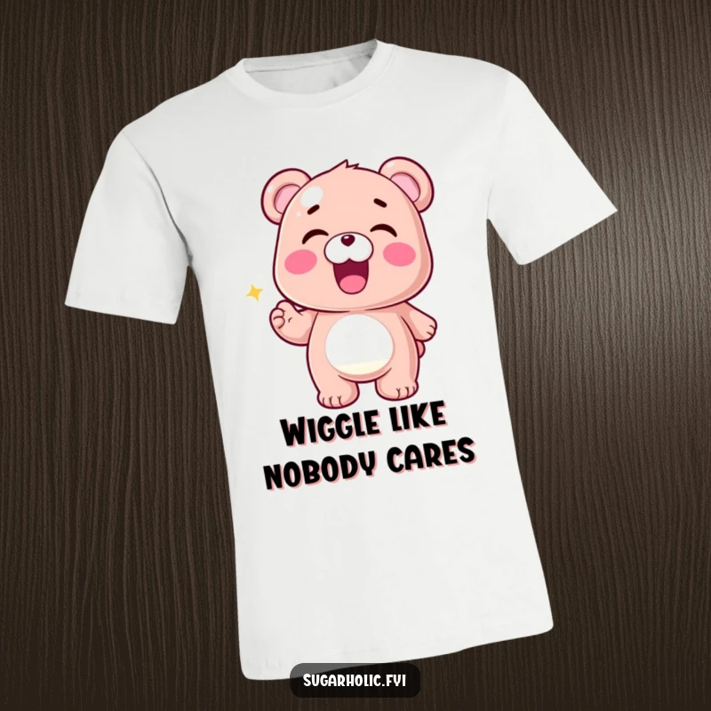 Funny Gummy Bear T-Shirt showcasing a thrilled gummy bear character in mid-wiggle, expressing absolute delight and playful celebration.