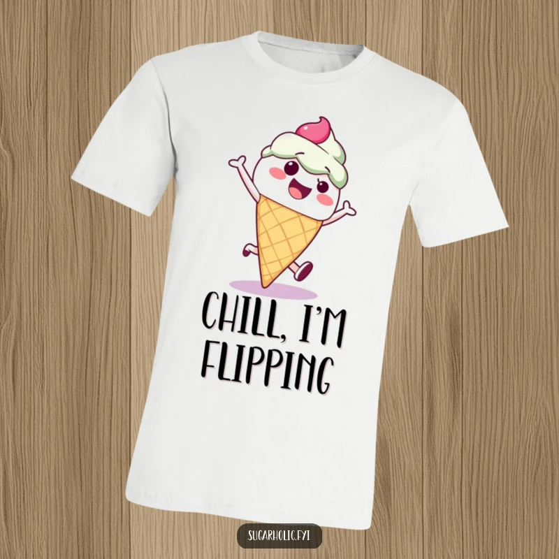 Funny ice cream cone character performing an energetic cartwheel on a cool and humorous t-shirt, a sweet treat for the eyes.