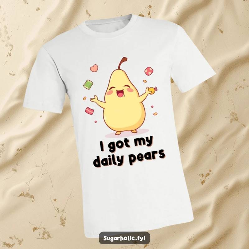 Funny laughing pear t-shirt featuring a cartoon pear joyfully juggling colorful candies, a hilarious and sweet design.