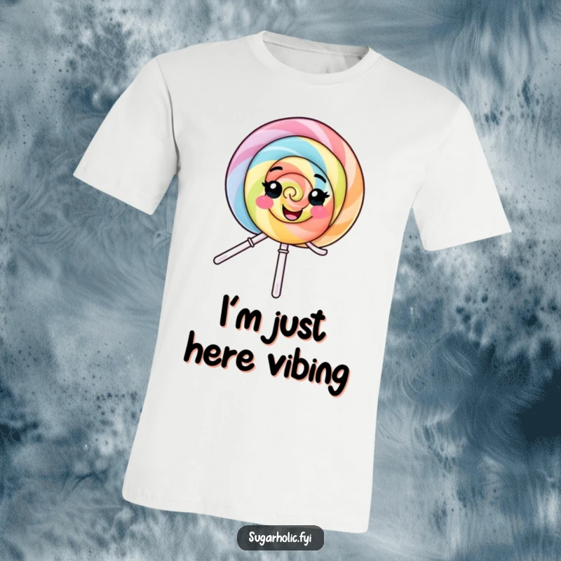Funny T-Shirt: A vibrant smiling lollipop character in mid-spin, embodying pure delight and infectious happiness, perfect for cheerful souls.