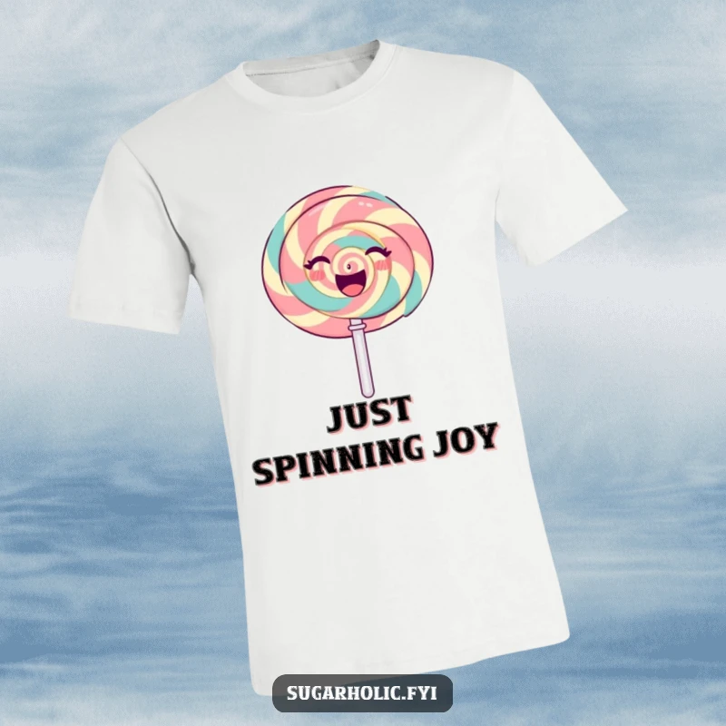Funny gleeful lollipop character spinning with a radiant, sweet expression, a fun t-shirt for candy lovers.