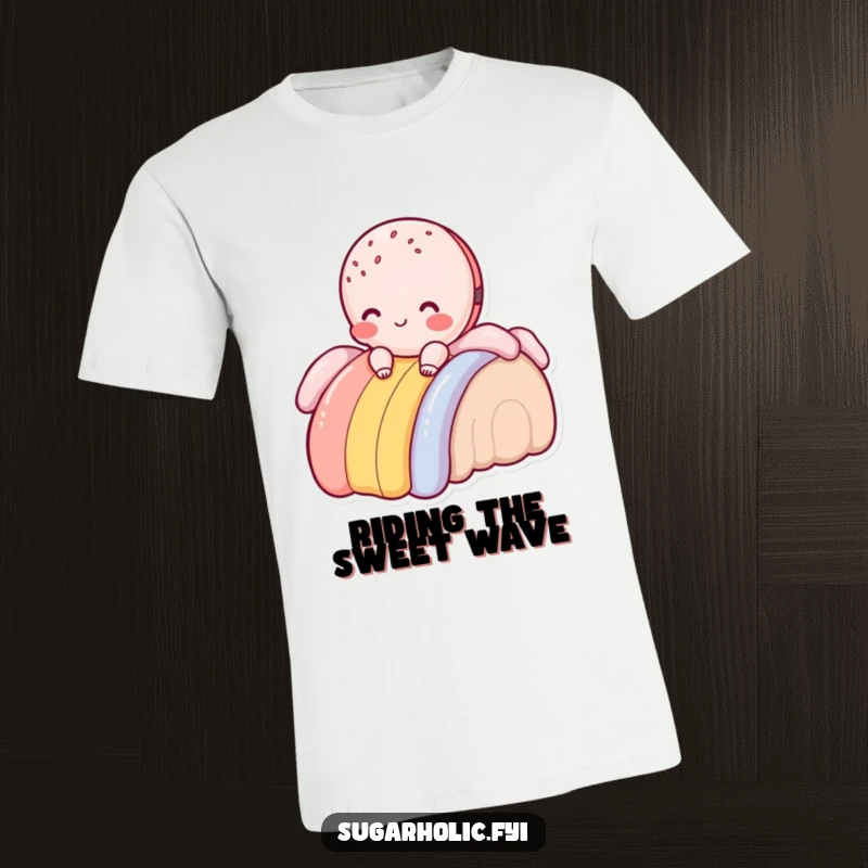 Funny macaroon character blushing while sliding down a frosting rainbow, graphic tee for charming and funny apparel.