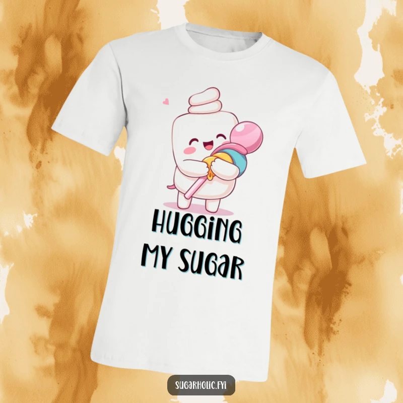 Funny T-Shirt featuring an ecstatic anthropomorphic marshmallow character hugging a giant lollipop, exuding joyful sweetness.