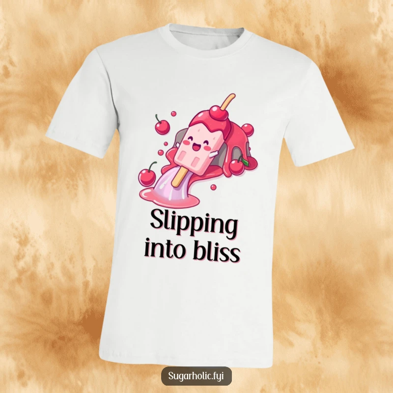 Funny t-shirt showing a gleeful popsicle character in motion, sliding down a cherry syrup waterfall with sheer enjoyment and delight.