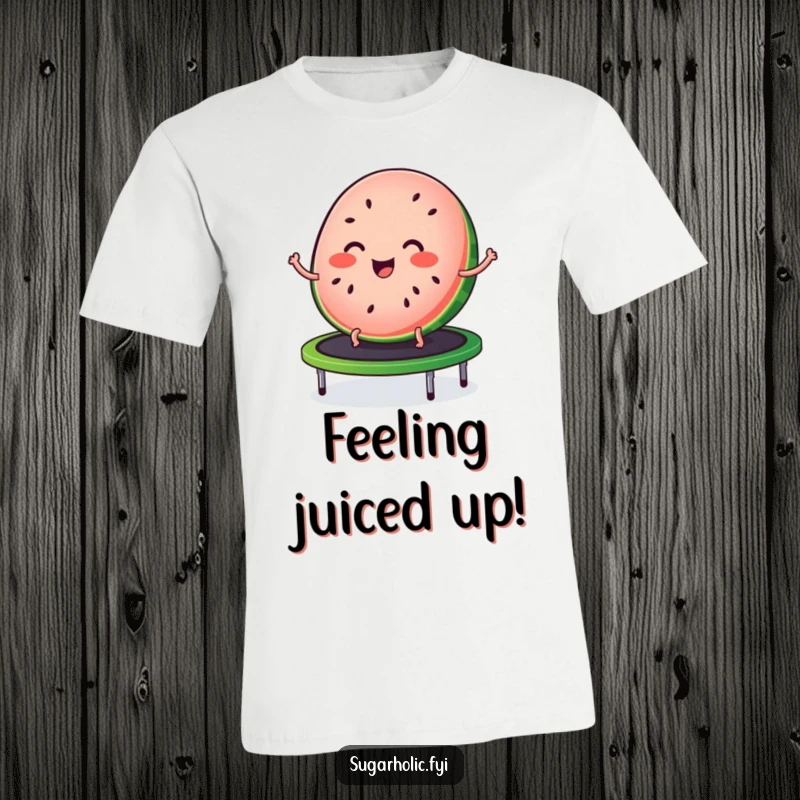 Funny t-shirt showcasing a joyful slice of watermelon with seed freckles, energetically bouncing on a trampoline.