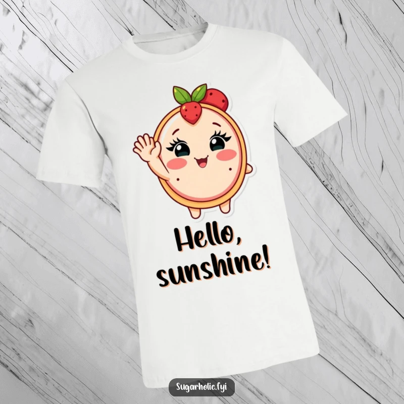 Funny t-shirt displaying a blushing fruit tart with eyelashes waving enthusiastically, a sweet and cheerful design.
