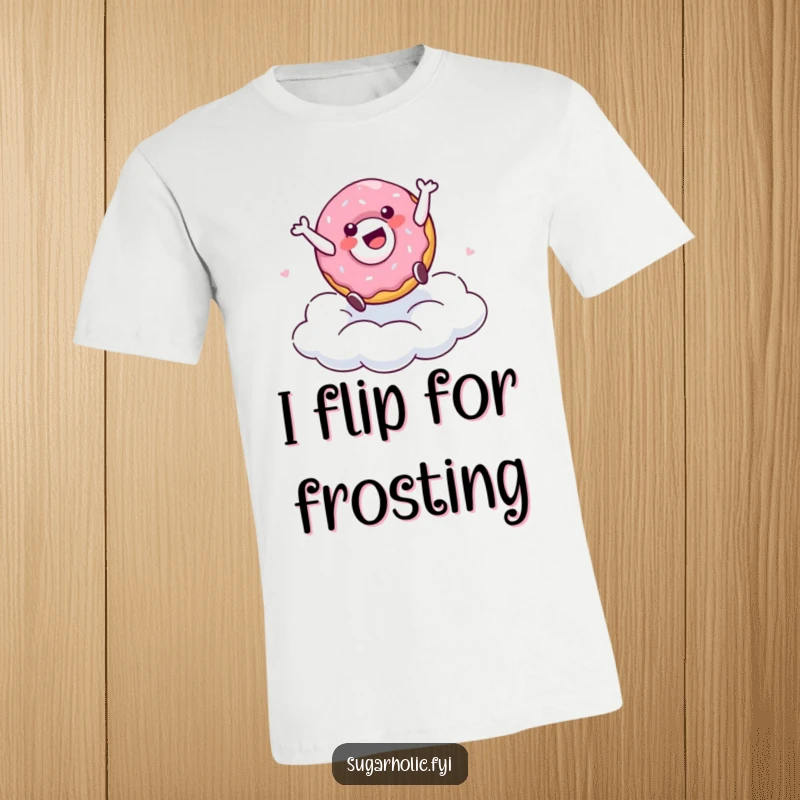 Funny t-shirt showcasing a delighted doughnut character mid-cartwheel on a sugary cloud, radiating pure, sweet joy and energetic fun.