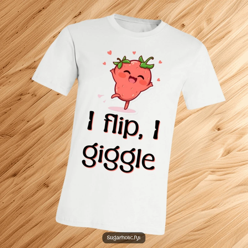 Funny T-Shirt with a happy strawberry character doing a cartwheel, kicking up giggles and radiating pure delight.