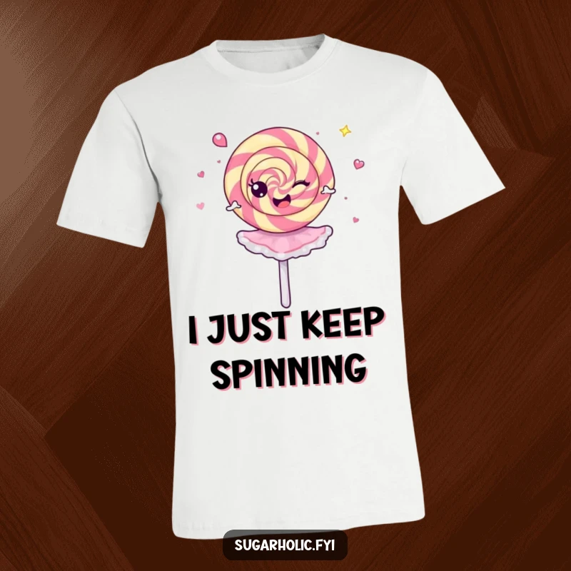 Funny T-Shirt with a cheerful lollipop performing a dizzy ballerina spin, radiating happiness and energetic fun.