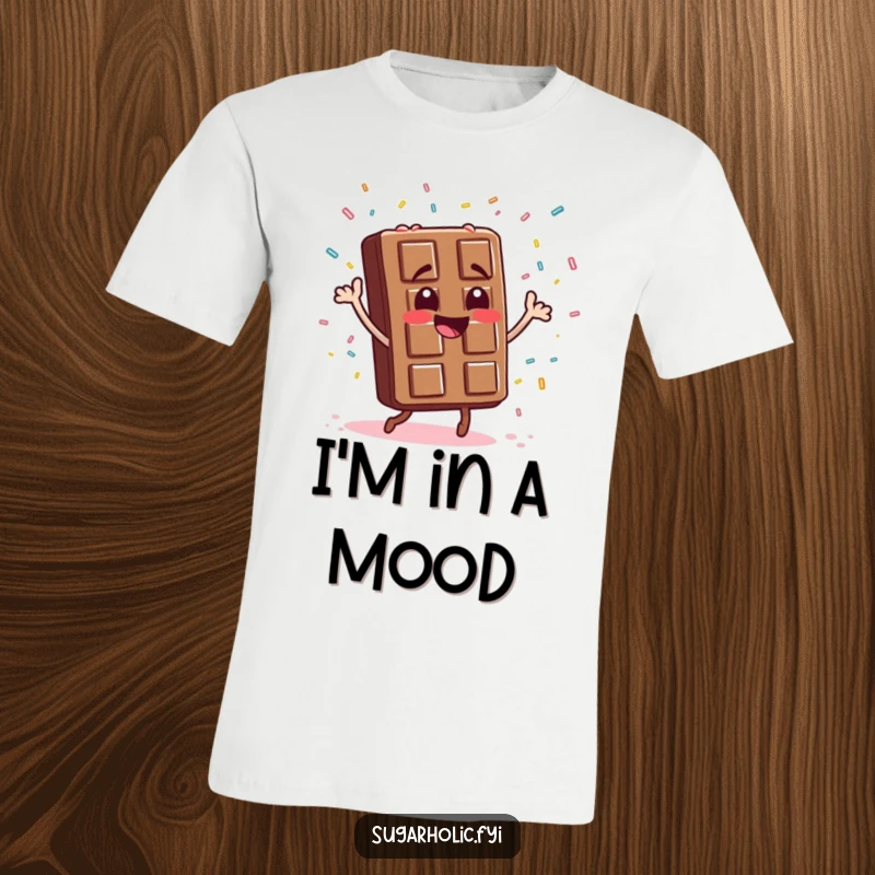 Funny chocolate bar character doing a silly dance with colorful candy sprinkles flying like confetti, perfect for a funny t-shirt gift.