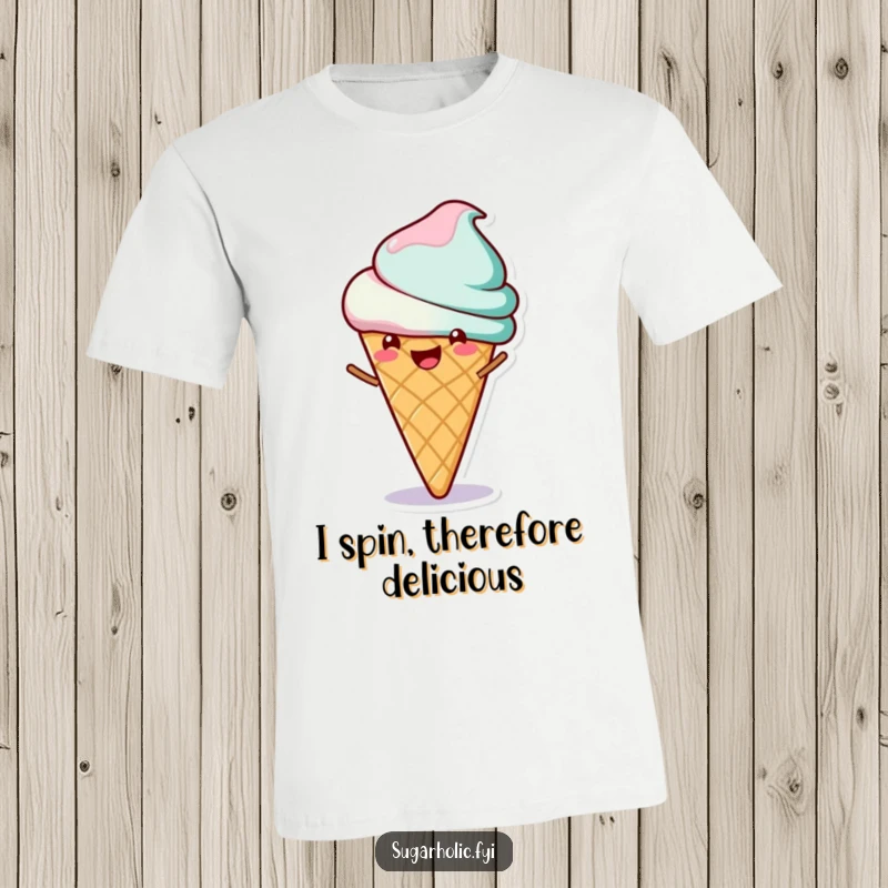 Funny t-shirt featuring a delighted ice cream cone character happily spinning, embodying pure, sweet joy and fun.